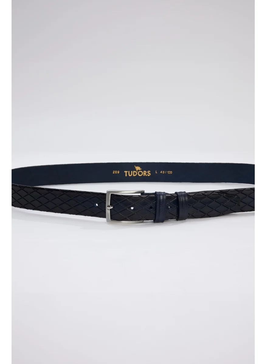 Tudors Men's Leather 3.5 cm Patterned Classic Black Belt