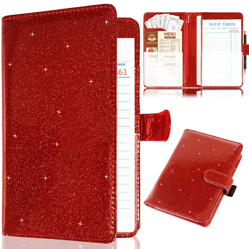 KOLODOGO KOLODOGO Server Book for Waitress,Leather Waiter Book Organizer with Zipper Pocket, Bling Waitress Money Wallet and Pen  - Image 1
