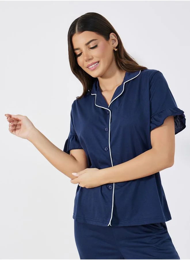 Styli Ruffle Sleeve Contrast Piping Shirt & Pyjama Set