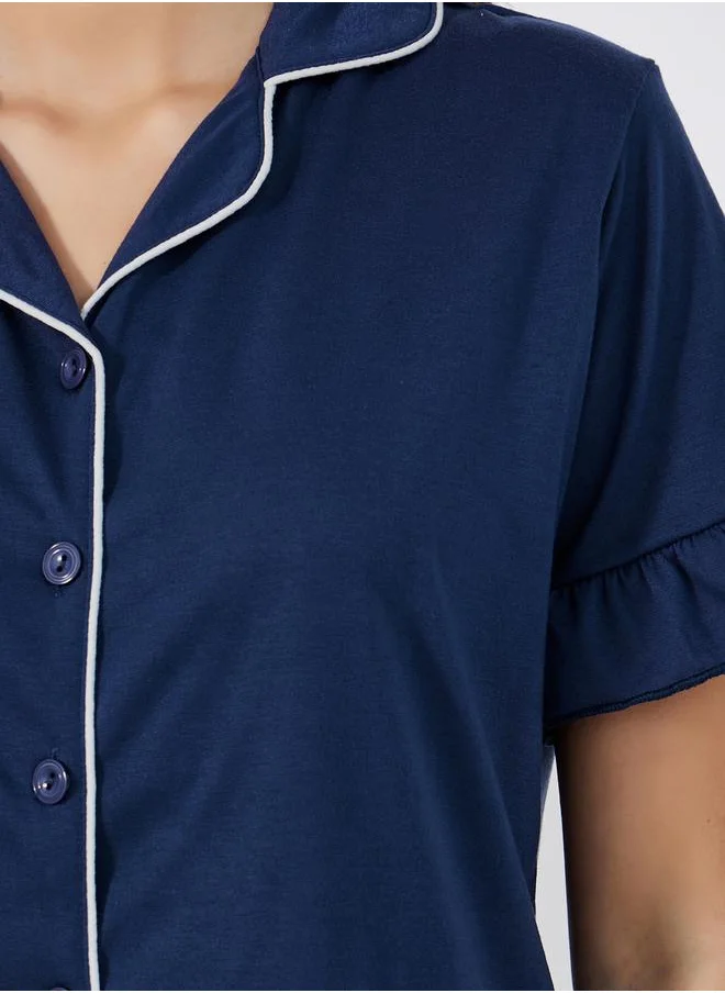 Styli Ruffle Sleeve Contrast Piping Shirt & Pyjama Set