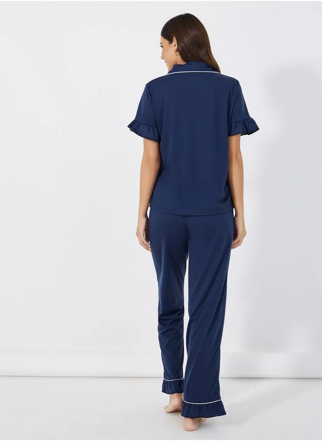 Styli Ruffle Sleeve Contrast Piping Shirt & Pyjama Set