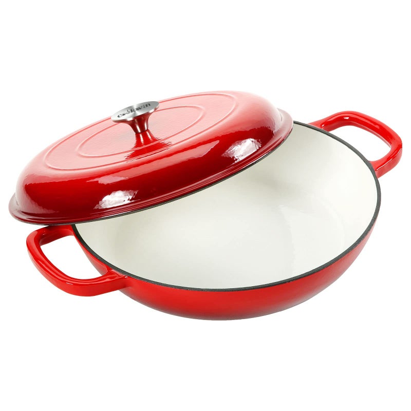 COOKWIN Cast Iron Casserole Braiser38 Quart Enameled Cast Iron PanHeavy Duty Casserole Skillet with Lid and Dual HandlesPorcelain Surface Casserole Dish with LidDutch Oven Gifts for FamilyRed