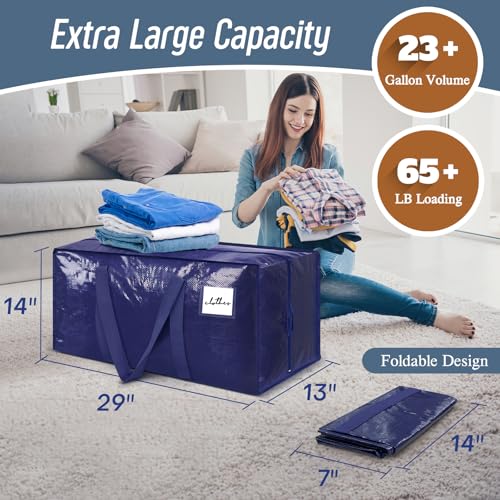 FYGRIP 6 Pack Extra Heavy Duty Large Moving Bags with Strong Zipper & Comfortable Handles, Sturdy & Durable Clothes Storage Bags Totes Bins, Blue Packing Moving Boxes for College Supplies, Dark Blue - Image 3