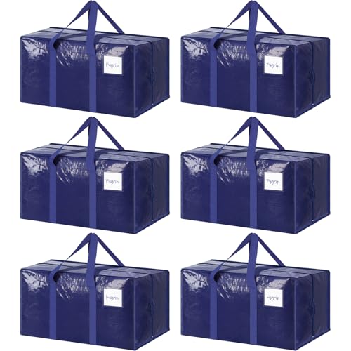 FYGRIP 6 Pack Extra Heavy Duty Large Moving Bags with Strong Zipper & Comfortable Handles, Sturdy & Durable Clothes Storage Bags Totes Bins, Blue Packing Moving Boxes for College Supplies, Dark Blue - Image 1