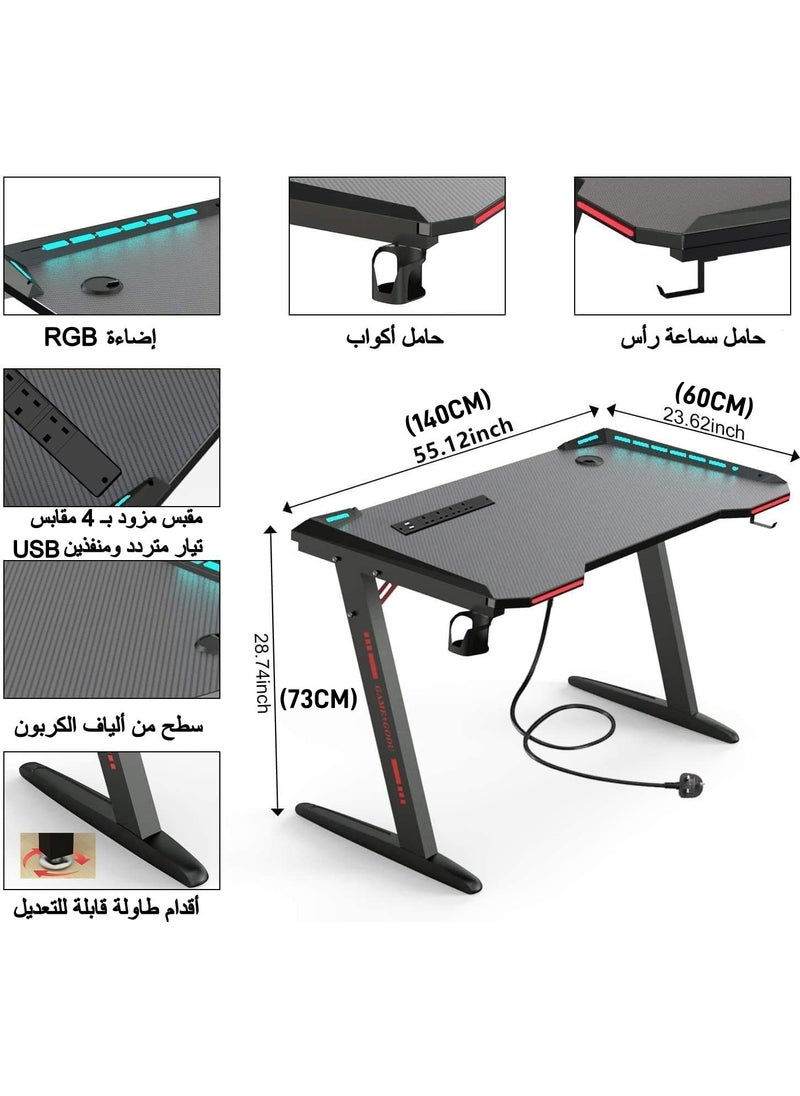 NOAEOU - 140cm×60cm Z-Shaped Gaming Desk with 4 AC Outlets and RGB Lighting, Large PC Table Includes Big Mouse Pad, Cup Holder and Headset Hook - Image 1