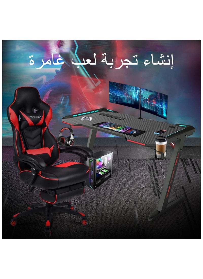 NOAEOU - 140cm×60cm Z-Shaped Gaming Desk with 4 AC Outlets and RGB Lighting, Large PC Table Includes Big Mouse Pad, Cup Holder and Headset Hook - Image 1