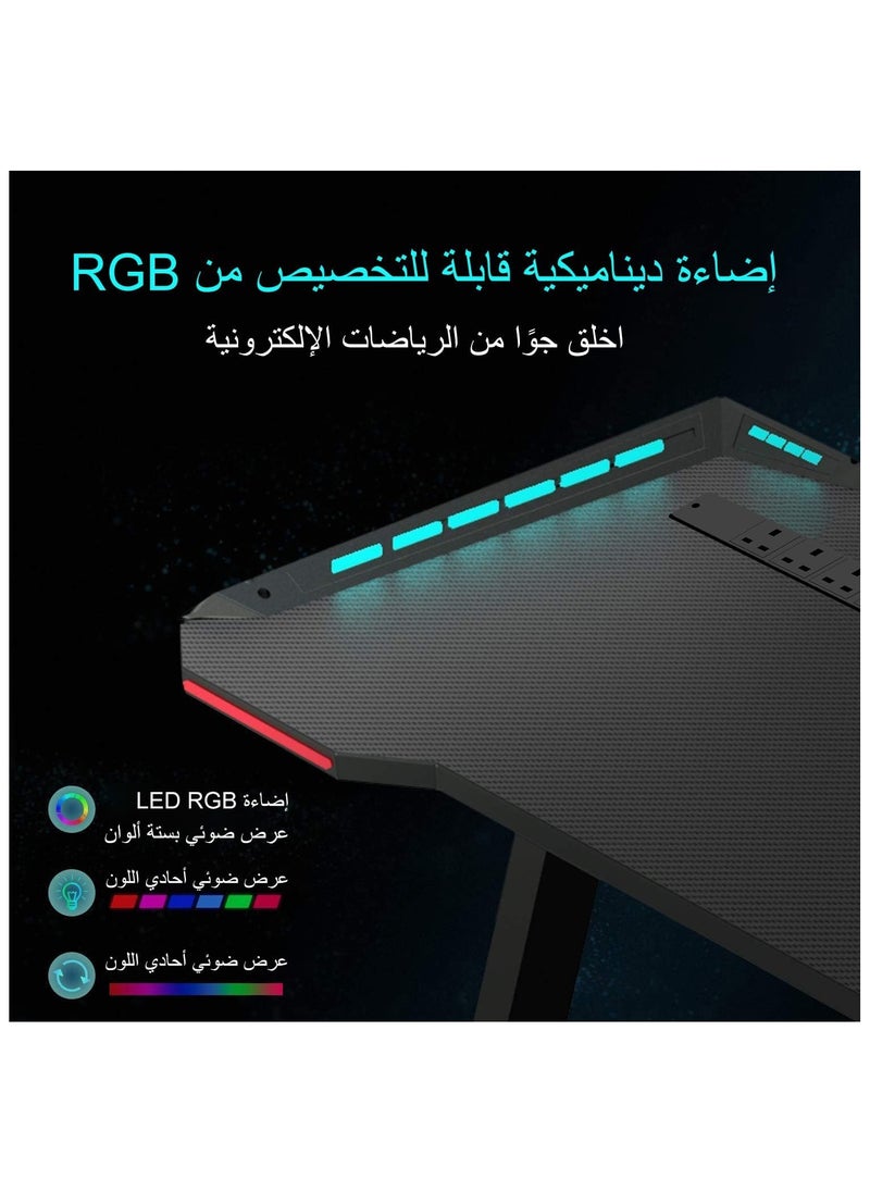 NOAEOU - 140cm×60cm Z-Shaped Gaming Desk with 4 AC Outlets and RGB Lighting, Large PC Table Includes Big Mouse Pad, Cup Holder and Headset Hook - Image 1