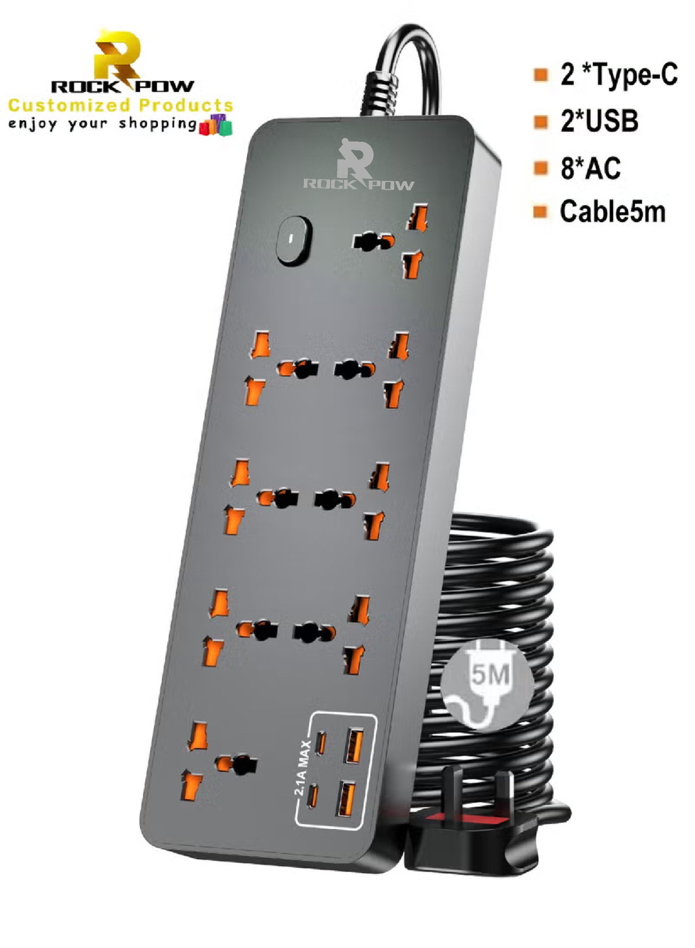 5 meters Universal Extension Lead with Multiple Function UK Plug 3 Pin Socket Outlet with 8 Gang 2 USB Port 2 Type-C Port 5M Electric Socket Mains Strip for Home Kitchen and Office 5 meters