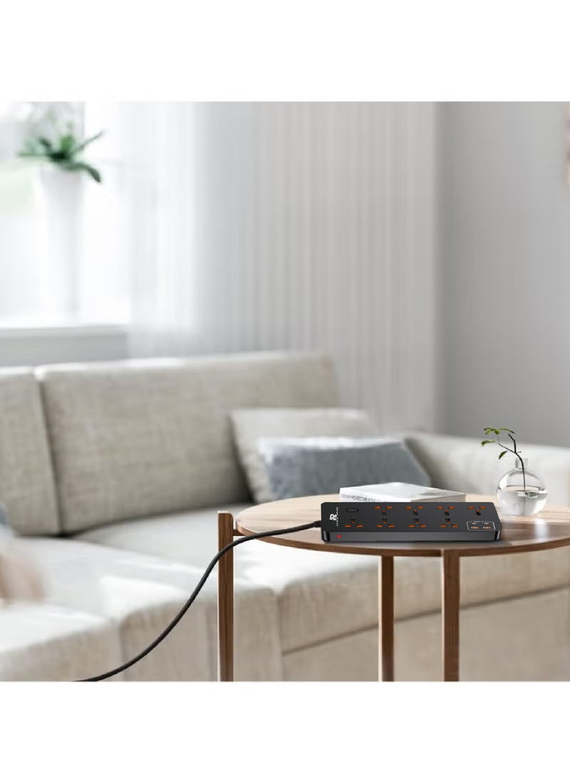 Rock Pow 5 meters Universal Extension Lead with Multiple Function UK Plug 3 Pin Socket Outlet with 8 Gang 2 USB Port 2 Type-C Port 5M Electric Socket Mains Strip for Home Kitchen and Office 5 meters - Image 4