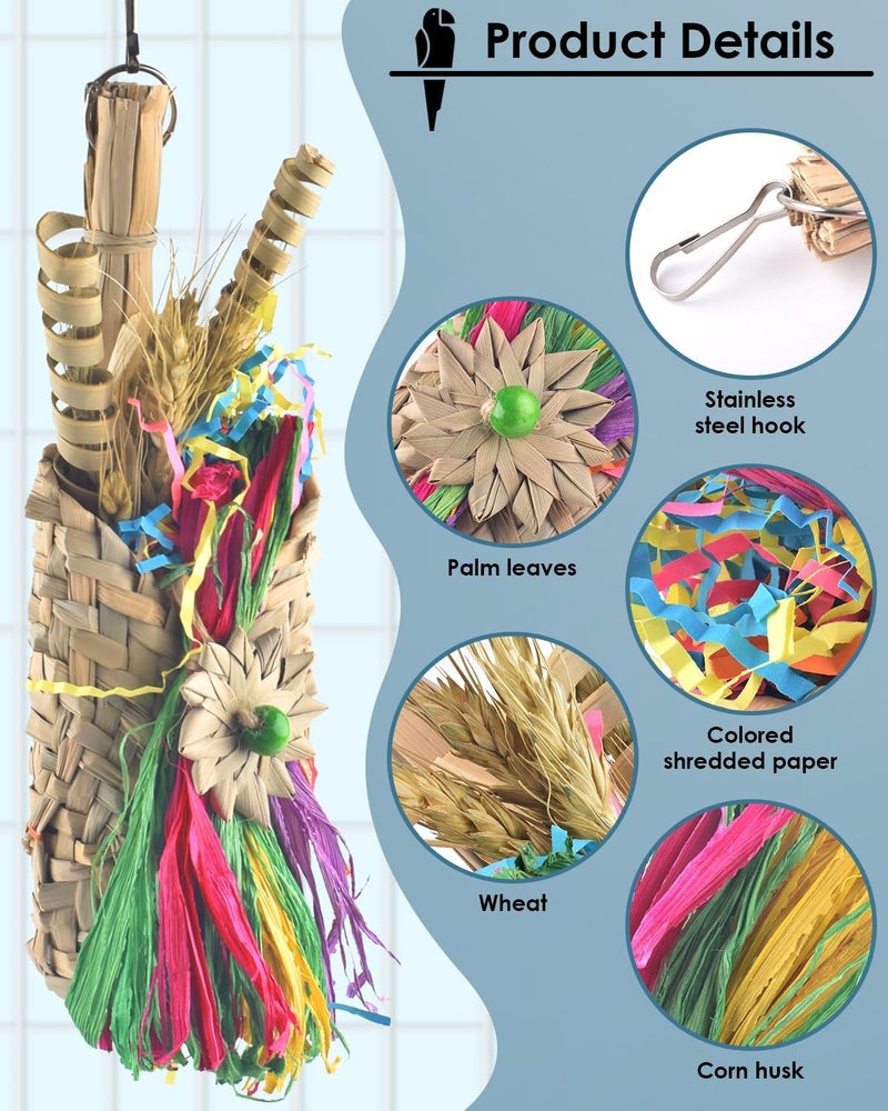 Bissap Bird Chew Toys, Parrot Foraging Shredder Natural Palm Frond Woven Bag Hanging Cage Toy with Chewing Treats for Conure Budgie Cockatiel Cockatoos and Similar Sized Pet Birds - Image 3