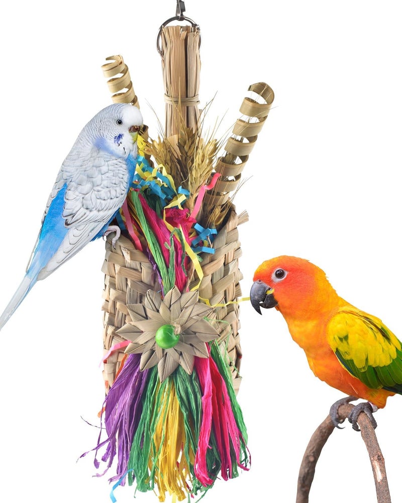 Bissap Bird Chew Toys, Parrot Foraging Shredder Natural Palm Frond Woven Bag Hanging Cage Toy with Chewing Treats for Conure Budgie Cockatiel Cockatoos and Similar Sized Pet Birds - Image 1