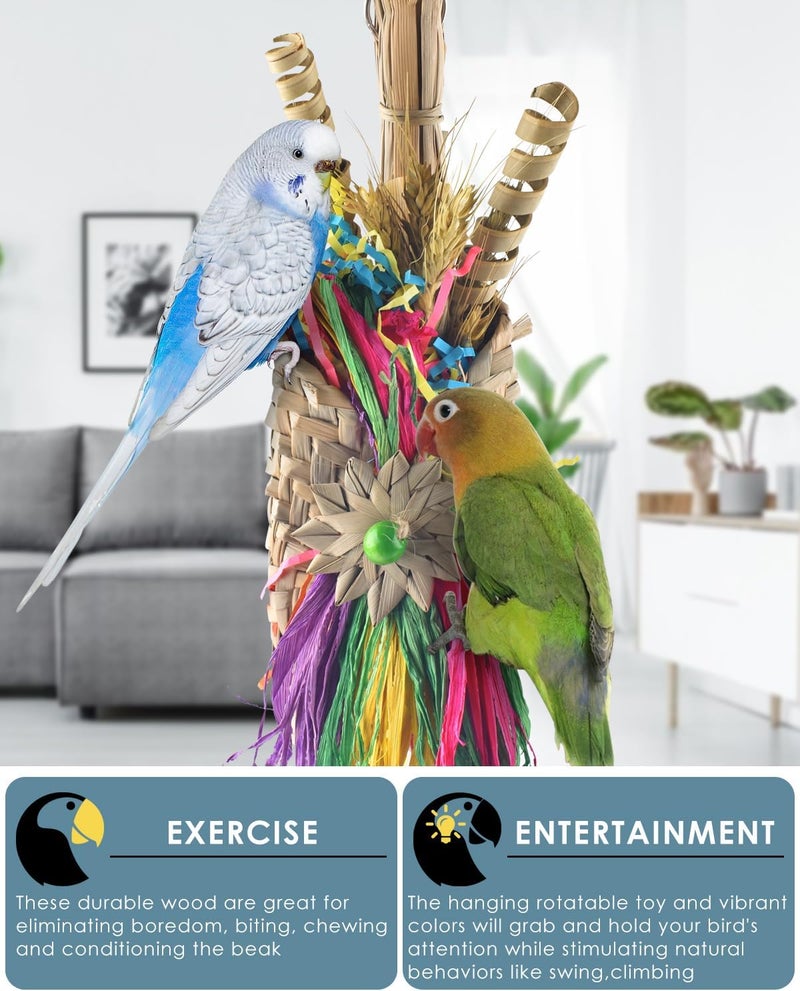 Bissap Bird Chew Toys, Parrot Foraging Shredder Natural Palm Frond Woven Bag Hanging Cage Toy with Chewing Treats for Conure Budgie Cockatiel Cockatoos and Similar Sized Pet Birds - Image 4