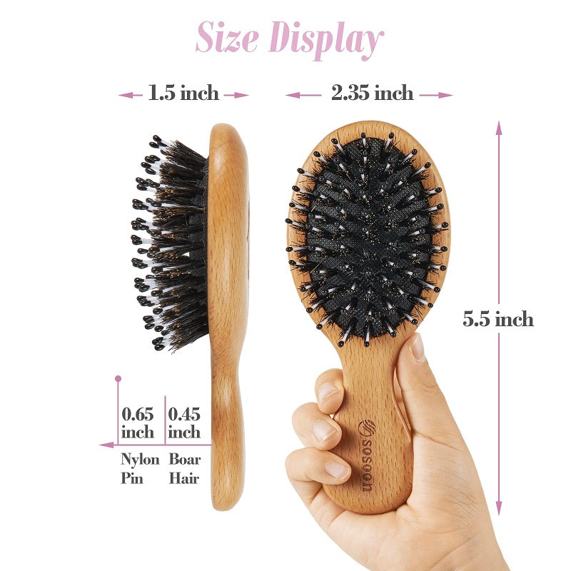 Sosoon Hair Brush, Pocket Mini Travel Boar Bristle Hairbrush for Thick Thin Curly Straight Long Short Wet Dry Hair for Men Women Kids for Smoothing Detangling Massaging Adding Shine - Image 2