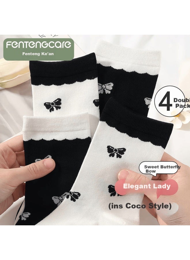 Fentengcare Women's Socks, New Collection, 4 Pairs, 7a Antibacterial Deodorizing, Chanel-style Cotton Socks, Breathable, Sweat-proof Mid-calf Socks - Image 1