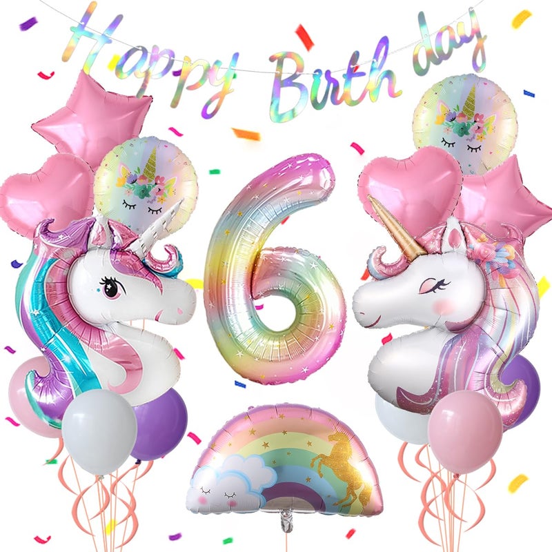 Heukikt Pastel Rainbow Unicorn 6th Birthday Party Decorations Pink Purple Balloon with Large Unicorn Helium Balloons for Girl Birthday Party Garden Fairy Theme Spring Decor number 6 set - Image 2