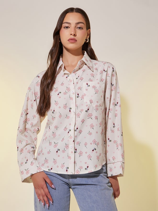 تايك تو قميص واسع بأكمام طويلة وطبعة زهور - Image 1