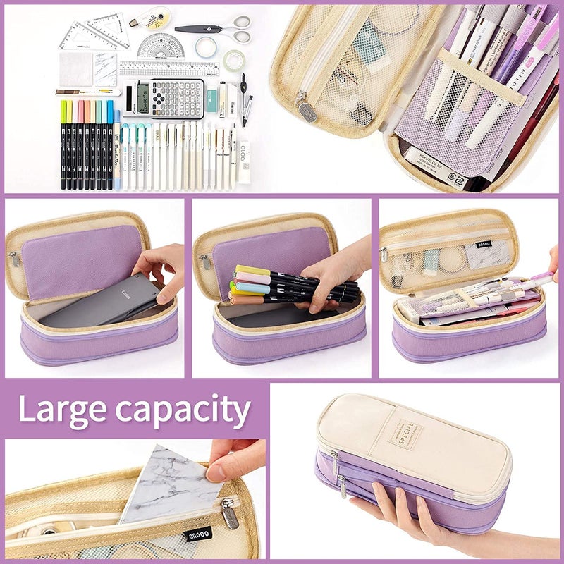 FINEMOE Large Pencil Case Stationery Items for Girls and Boys, Canvas Bags Pen Pencil Pouch for School College and Office, Organize Makeup Cosmetic, Aesthetic Cute Stationary Box (Purple) - Image 3