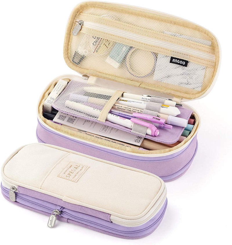 FINEMOE Large Pencil Case Stationery Items for Girls and Boys, Canvas Bags Pen Pencil Pouch for School College and Office, Organize Makeup Cosmetic, Aesthetic Cute Stationary Box (Purple) - Image 1
