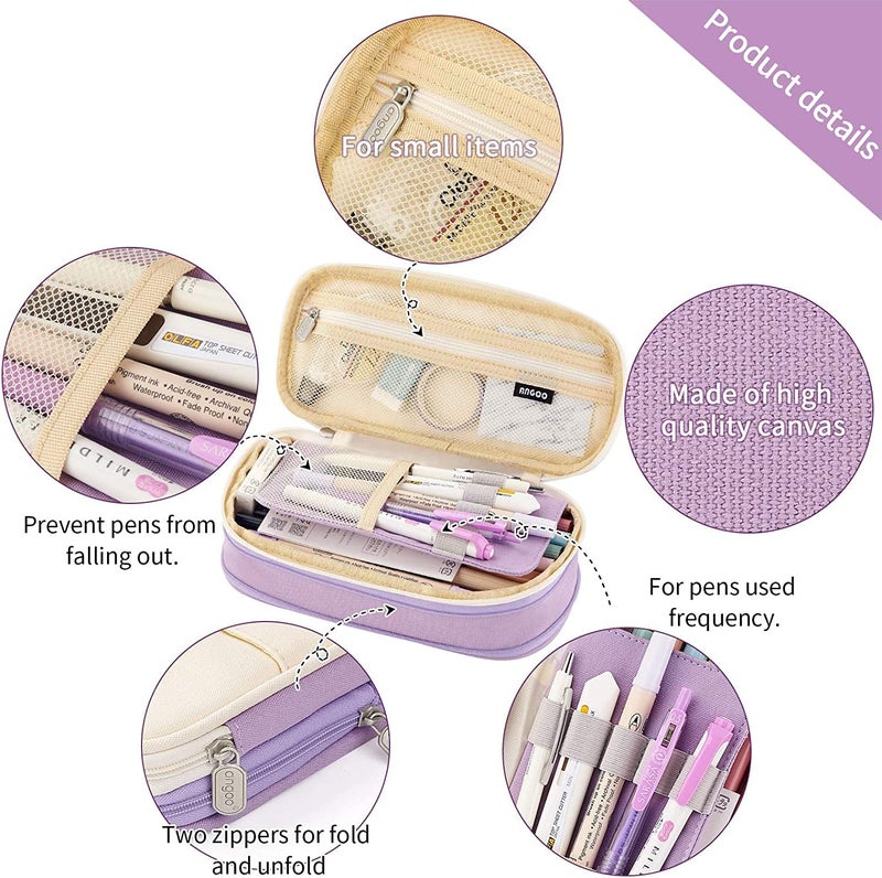 FINEMOE Large Pencil Case Stationery Items for Girls and Boys, Canvas Bags Pen Pencil Pouch for School College and Office, Organize Makeup Cosmetic, Aesthetic Cute Stationary Box (Purple) - Image 2
