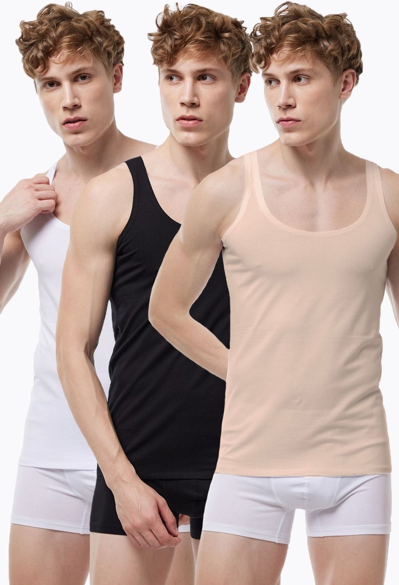 Malabadi Men's 3 Pieces Black White Skin Color Thin Strap Non-Trace Modal Undershirt 013 3M013  - Image 1