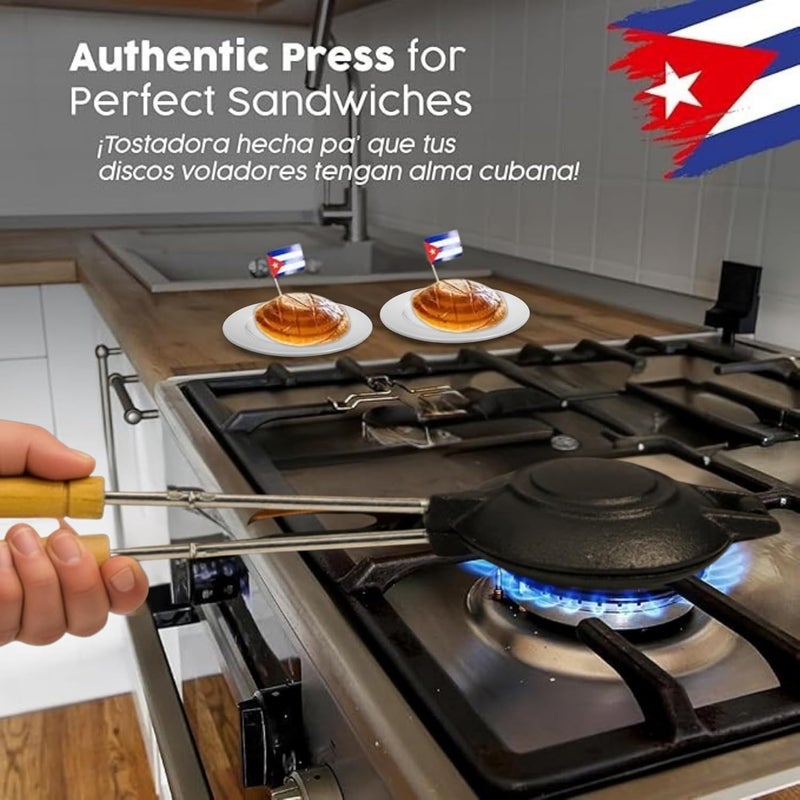 TRAITOOLS Disquera de Pan Cubano Redondo (1 Unit) – Cast Iron Cuban Sandwich Press for Disco Volador Para Sandwich – 15” Traditional Sandwich Maker with Wooden Handles - Image 2