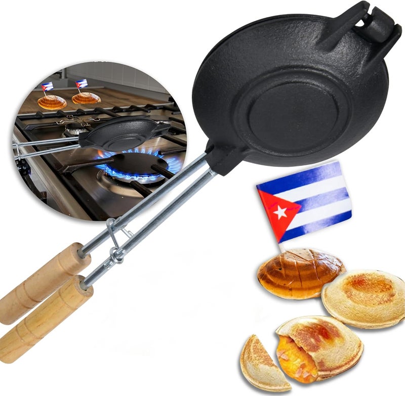 TRAITOOLS Disquera de Pan Cubano Redondo (1 Unit) – Cast Iron Cuban Sandwich Press for Disco Volador Para Sandwich – 15” Traditional Sandwich Maker with Wooden Handles - Image 1