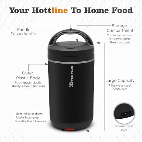 Jaypee Plus Hottline 4-320X4 ml Stainless Steel Electric Lunch Box for Men & Women|Shockproof Design|BPA Free|Reheat Food in 30 Minutes|Convenience case for Power Cord|Inbuilt Thermostat,Black - Image 3