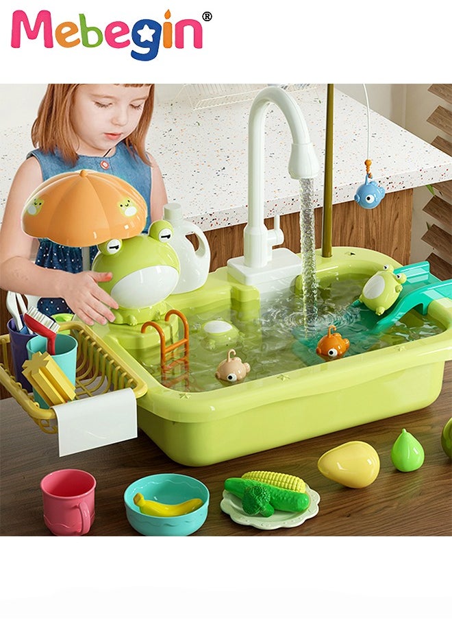 MEBEGIN Play Sink with Running Water, Kitchen Sink Toys with Upgraded Electric Faucet, Play Kitchen Toy Accessories, Pool Floating Fishing Toys for Water Play, Kids Role Play Dishwasher Toy  - Image 1