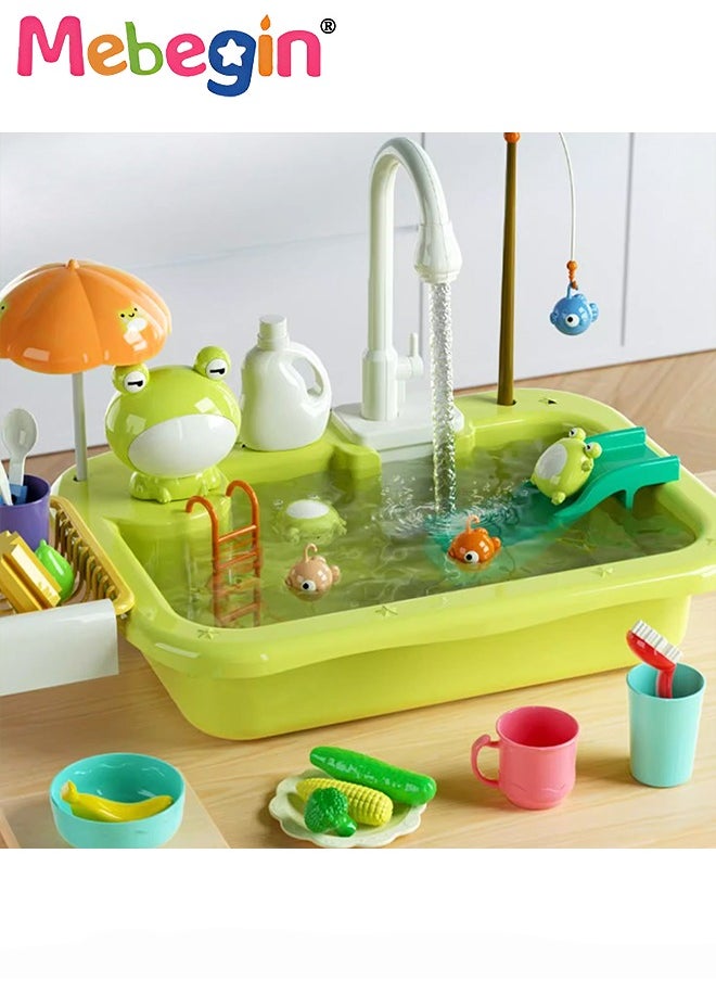 MEBEGIN Play Sink with Running Water, Kitchen Sink Toys with Upgraded Electric Faucet, Play Kitchen Toy Accessories, Pool Floating Fishing Toys for Water Play, Kids Role Play Dishwasher Toy  - Image 4
