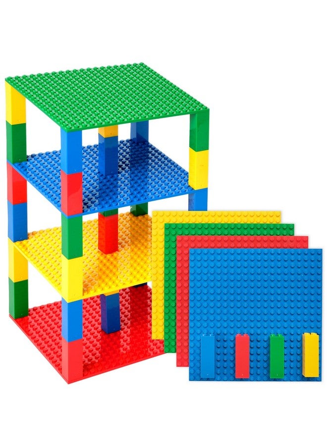 Strictly Briks Compatible with Lego Classic Stackable Baseplates, Building Bricks for Towers, Shelves, and More, Red, Green, Blue & Yellow, 4 Base Plates & 30 Stackers, 6x6 Inches - Image 1