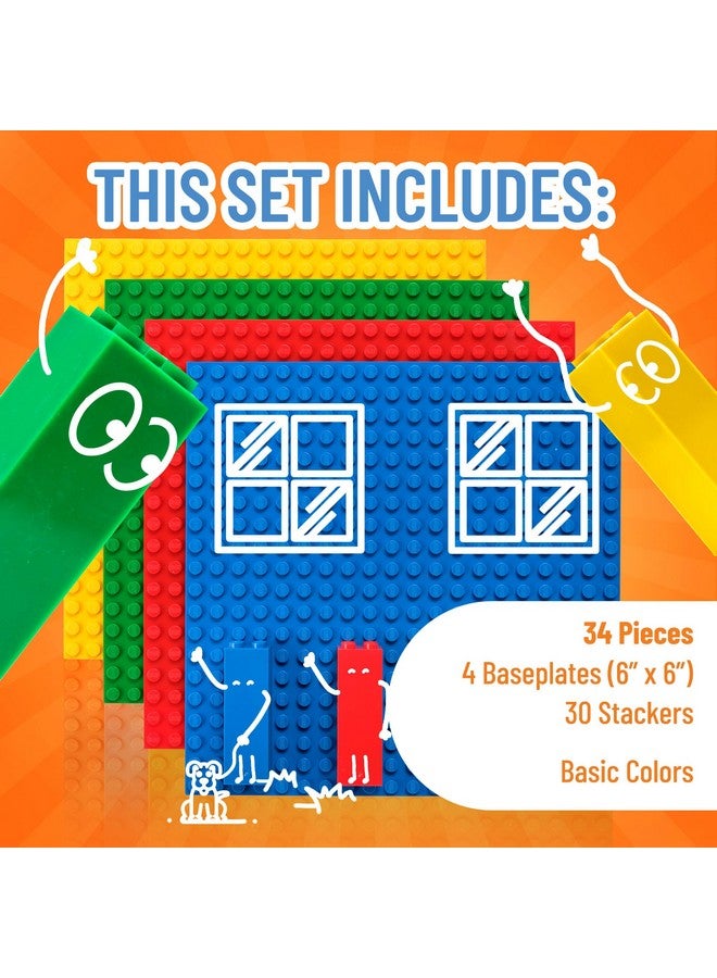 Strictly Briks Compatible with Lego Classic Stackable Baseplates, Building Bricks for Towers, Shelves, and More, Red, Green, Blue & Yellow, 4 Base Plates & 30 Stackers, 6x6 Inches - Image 5