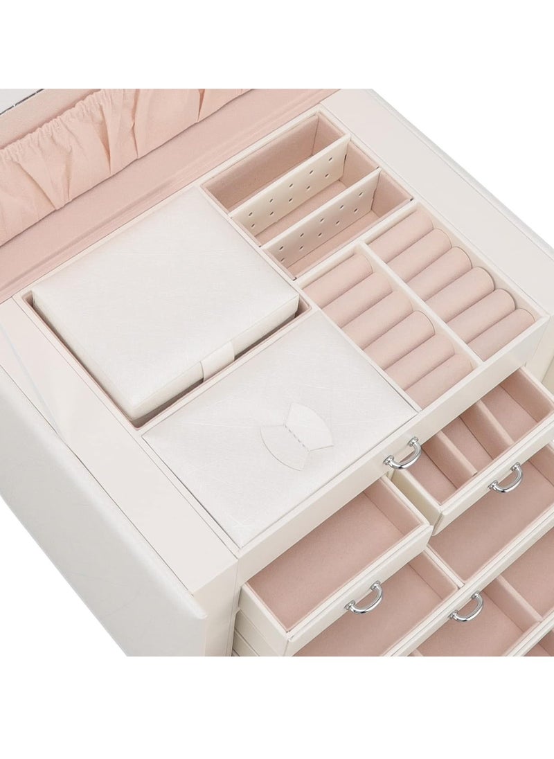 Huge Jewelry Box Mirrored Watch Organizer Necklace Ring Earring Storage, Household Synthetic Leather Huge Jewelry Box Large Capacity Multi Layers White