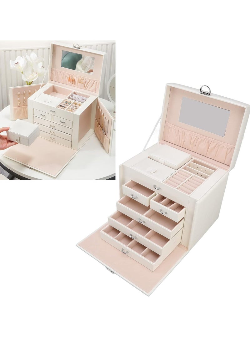 Huge Jewelry Box Mirrored Watch Organizer Necklace Ring Earring Storage, Household Synthetic Leather Huge Jewelry Box Large Capacity Multi Layers White