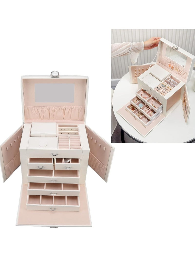 Huge Jewelry Box Mirrored Watch Organizer Necklace Ring Earring Storage, Household Synthetic Leather Huge Jewelry Box Large Capacity Multi Layers White