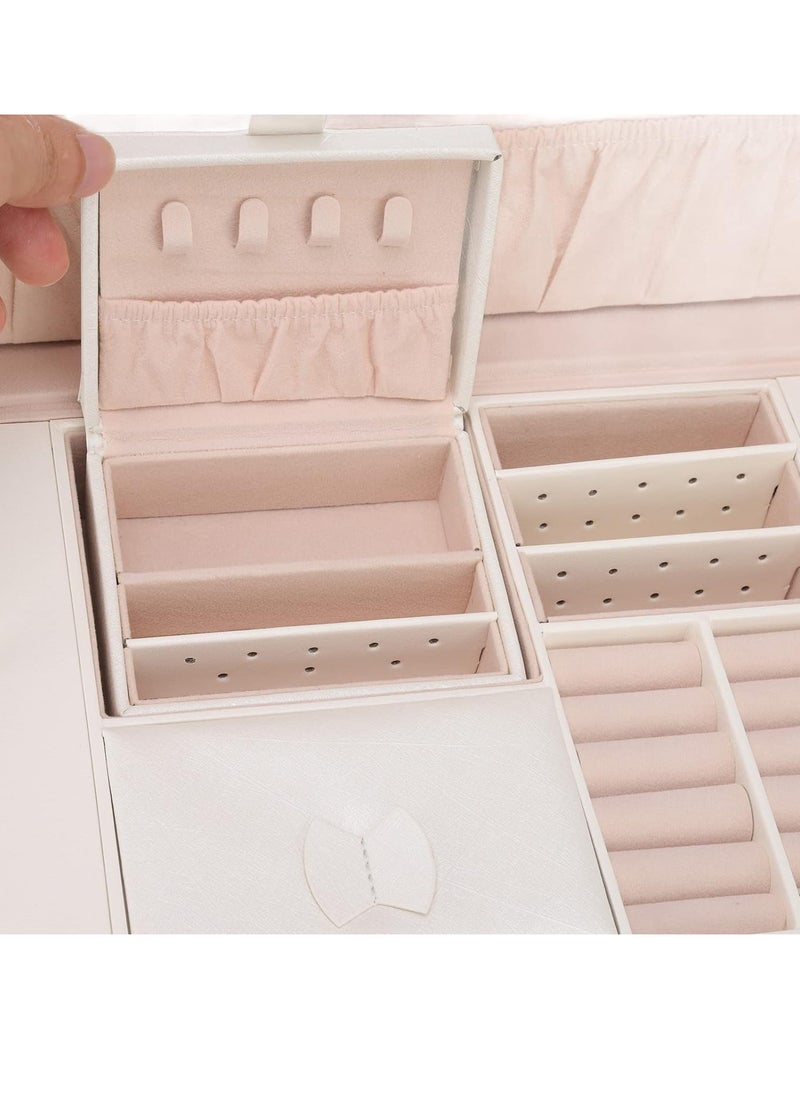 Huge Jewelry Box Mirrored Watch Organizer Necklace Ring Earring Storage, Household Synthetic Leather Huge Jewelry Box Large Capacity Multi Layers White