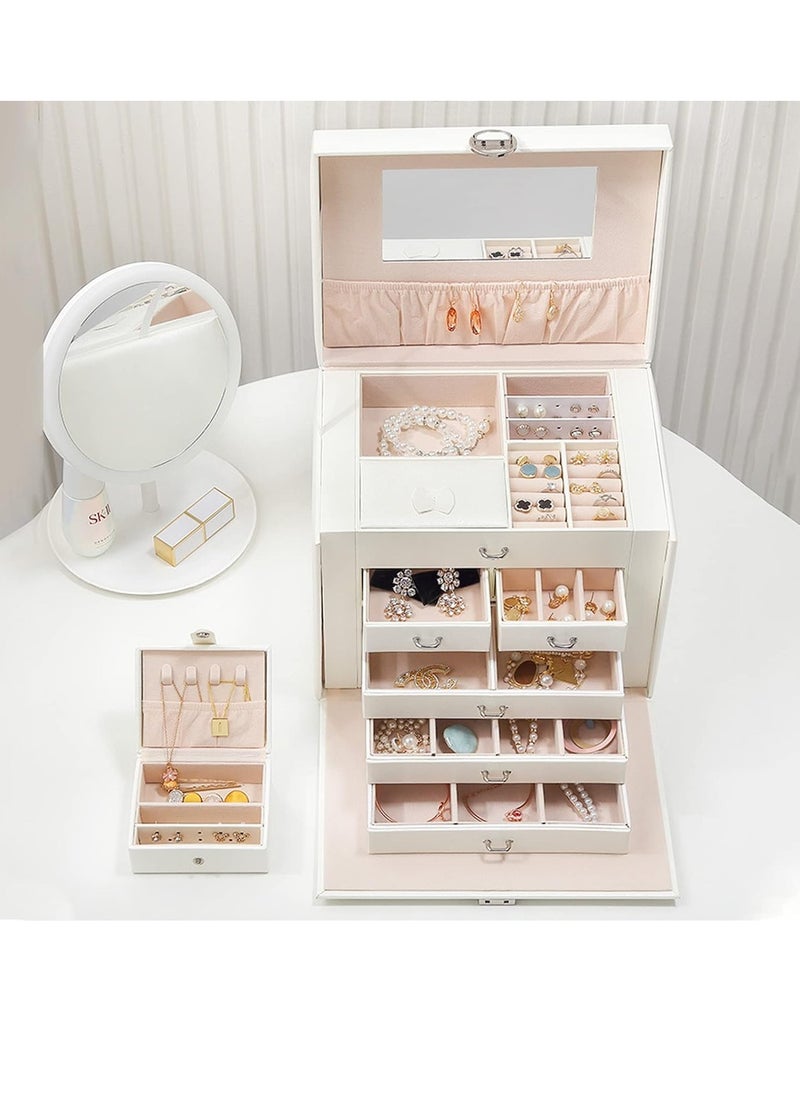 Huge Jewelry Box Mirrored Watch Organizer Necklace Ring Earring Storage, Household Synthetic Leather Huge Jewelry Box Large Capacity Multi Layers White