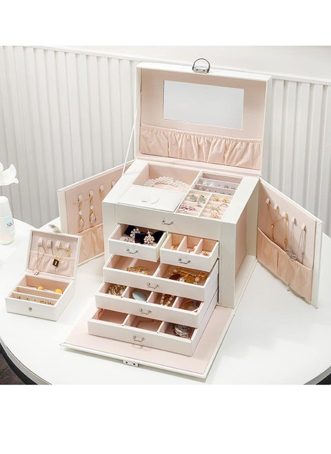 Huge Jewelry Box Mirrored Watch Organizer Necklace Ring Earring Storage, Household Synthetic Leather Huge Jewelry Box Large Capacity Multi Layers White