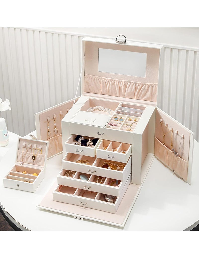 Huge Jewelry Box Mirrored Watch Organizer Necklace Ring Earring Storage, Household Synthetic Leather Huge Jewelry Box Large Capacity Multi Layers White