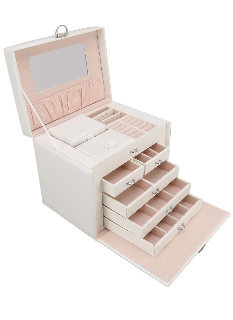 Huge Jewelry Box Mirrored Watch Organizer Necklace Ring Earring Storage, Household Synthetic Leather Huge Jewelry Box Large Capacity Multi Layers White