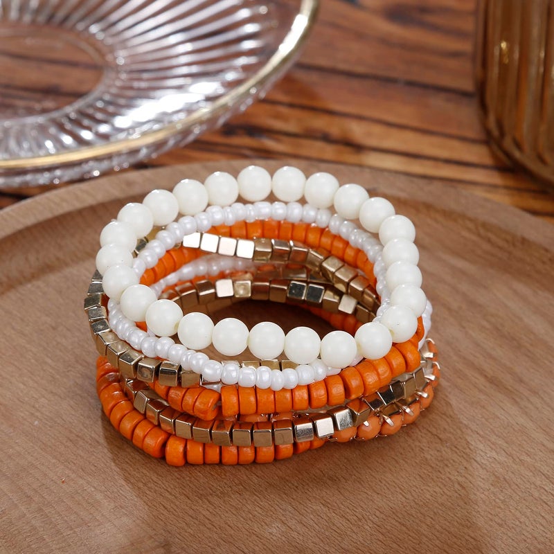LUREME Bohemian Beads Cube Multi Strand Stretch Stackable Bangle Bracelet Set-Orange (bl003172-2) - Image 3