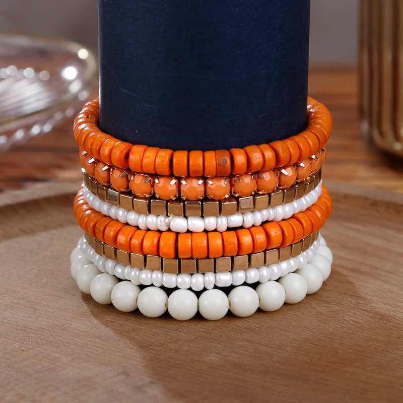 LUREME Bohemian Beads Cube Multi Strand Stretch Stackable Bangle Bracelet Set-Orange (bl003172-2) - Image 4