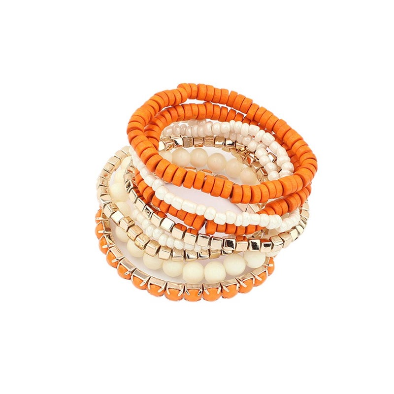 LUREME Bohemian Beads Cube Multi Strand Stretch Stackable Bangle Bracelet Set-Orange (bl003172-2) - Image 1