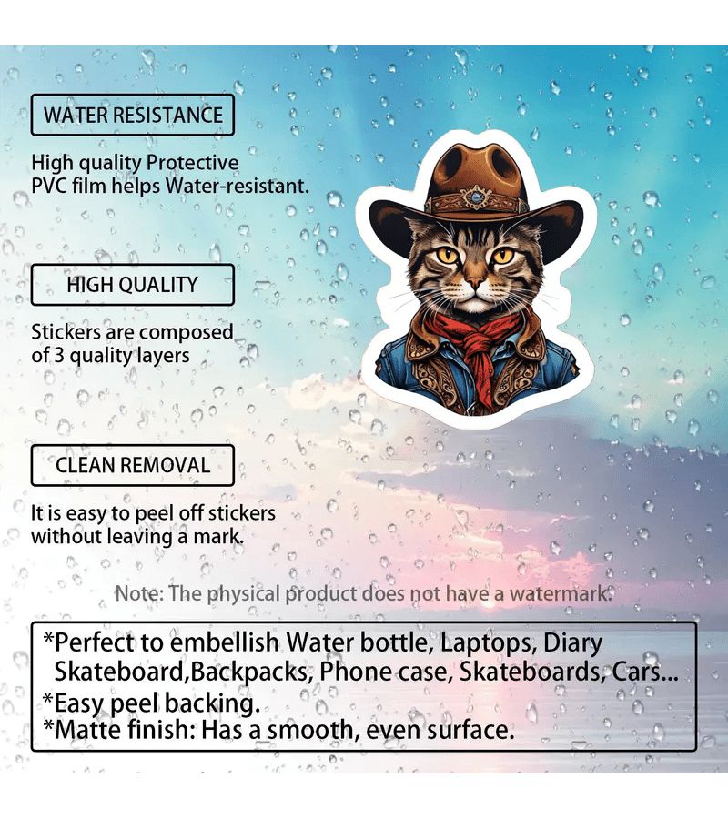 PVC Cowboy Cat Sticker Funny Cute Vinyl Decal For Water Bottle Laptop - Image 3