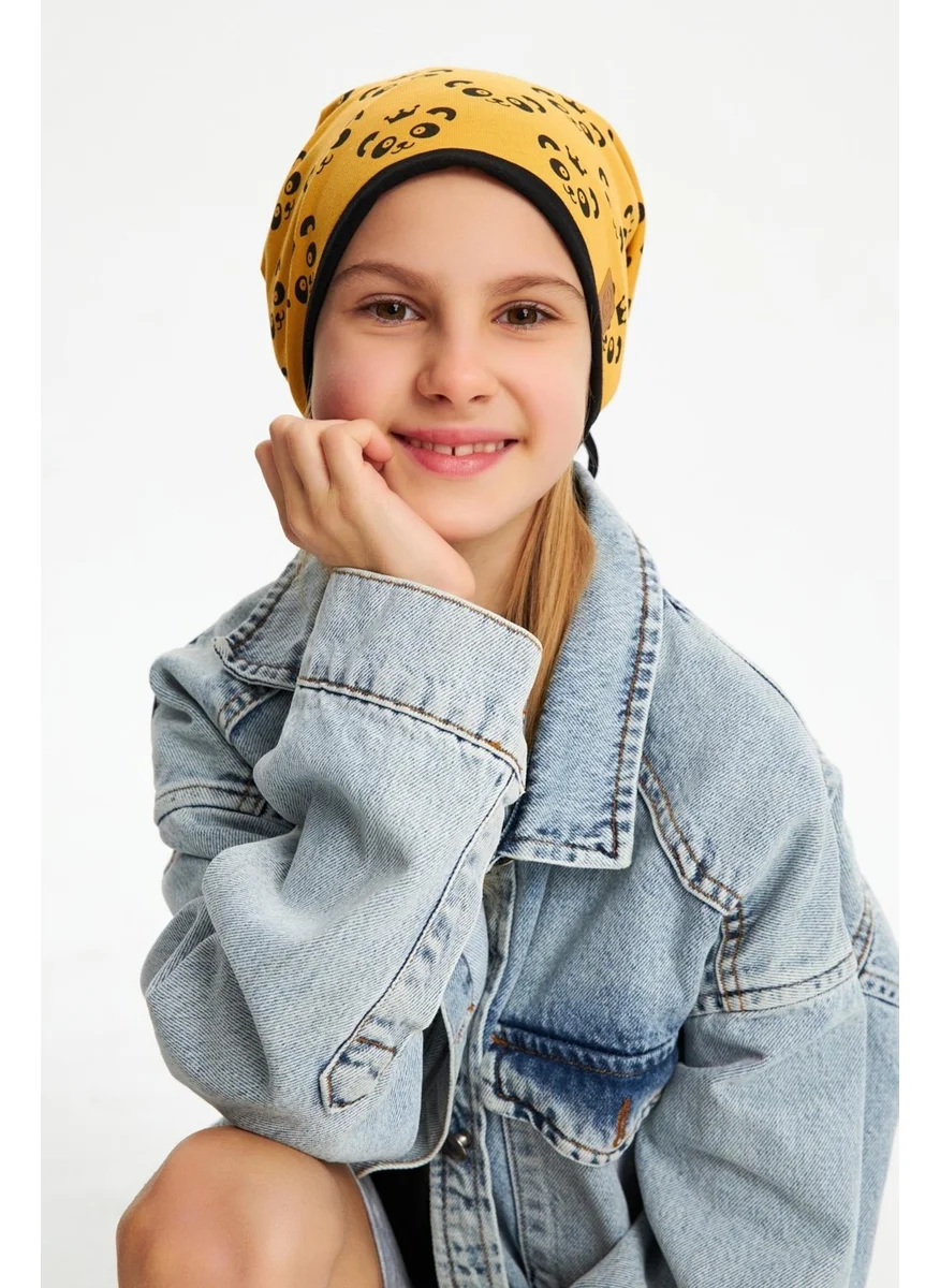 Babygiz Mustard Girl's Panda Patterned Hat Beanie Soft Double Layer 100% Natural Cotton Combed Cotton