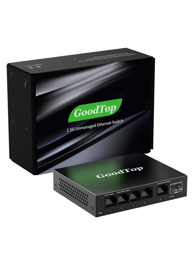 GoodTop 5 Port 2.5Gb Switch, Ethernet Switch Unmanaged 5 x 2.5G Base-T Ports and 1 x 10G SFP+, Multi-Gigabit 10/100/1000Mbps Network Switch, Plug&Play,Metal Housing,Fanless,Desktop/Wall Mount - Image 1