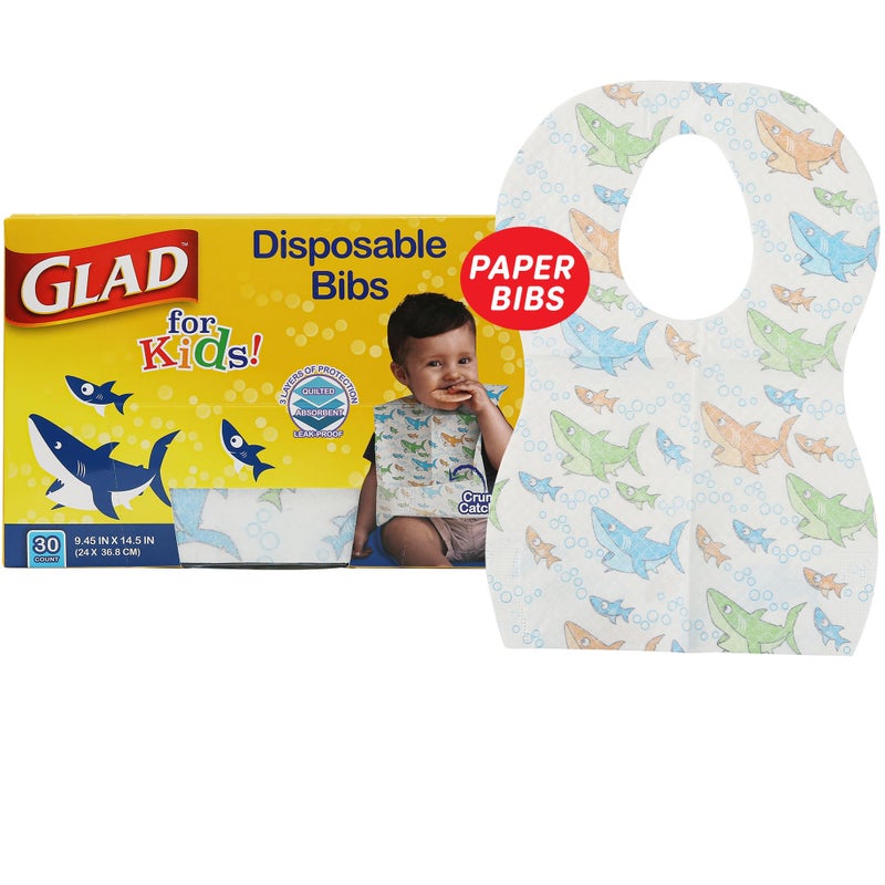 Glad for Kids Sharks Paper Bibs, 30 Count - Disposable Paper Bibs with Cute Sharks Design for Kids - Travel Bibs for Kids - Art & Craft Disposable Kids Bibs - Image 1