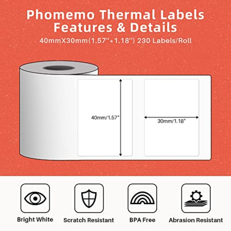 3 Rolls M110/M220/M200/M120/M110S Thermal Paper 1.57'' x 1.18'' 40x30mm,Multipurpose Barcode/FNSKU/FBA Labels, 230Labels/Roll, Black on White - Image 2