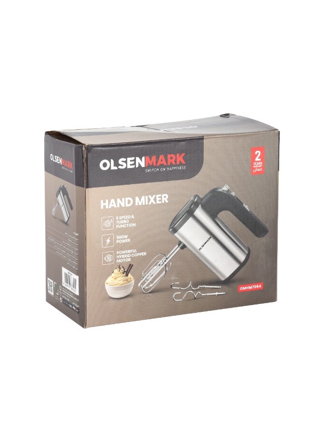 أولسنمارك Olsenmark 500W Hand Mixer – OMHM7064 | Hybrid Copper Motor, 5 Speeds & Turbo Function | Includes Beaters & Dough Hooks | Black & Silver, 2 Years Warranty 500 W OMHM7064 Black and Silver - Image 4