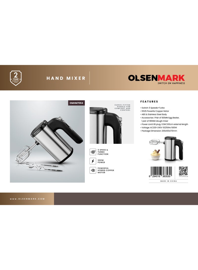 أولسنمارك Olsenmark 500W Hand Mixer – OMHM7064 | Hybrid Copper Motor, 5 Speeds & Turbo Function | Includes Beaters & Dough Hooks | Black & Silver, 2 Years Warranty 500 W OMHM7064 Black and Silver - Image 5