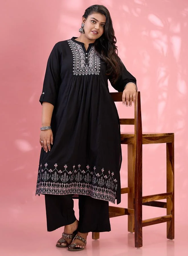 globus Globus Plus Size Black Embroidered Yoke Kurta and Pants Set